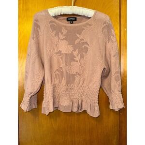 Express Blouse Top  XS Womens Mauve Pink Floral Knit Cinched Waist Stretch Boho